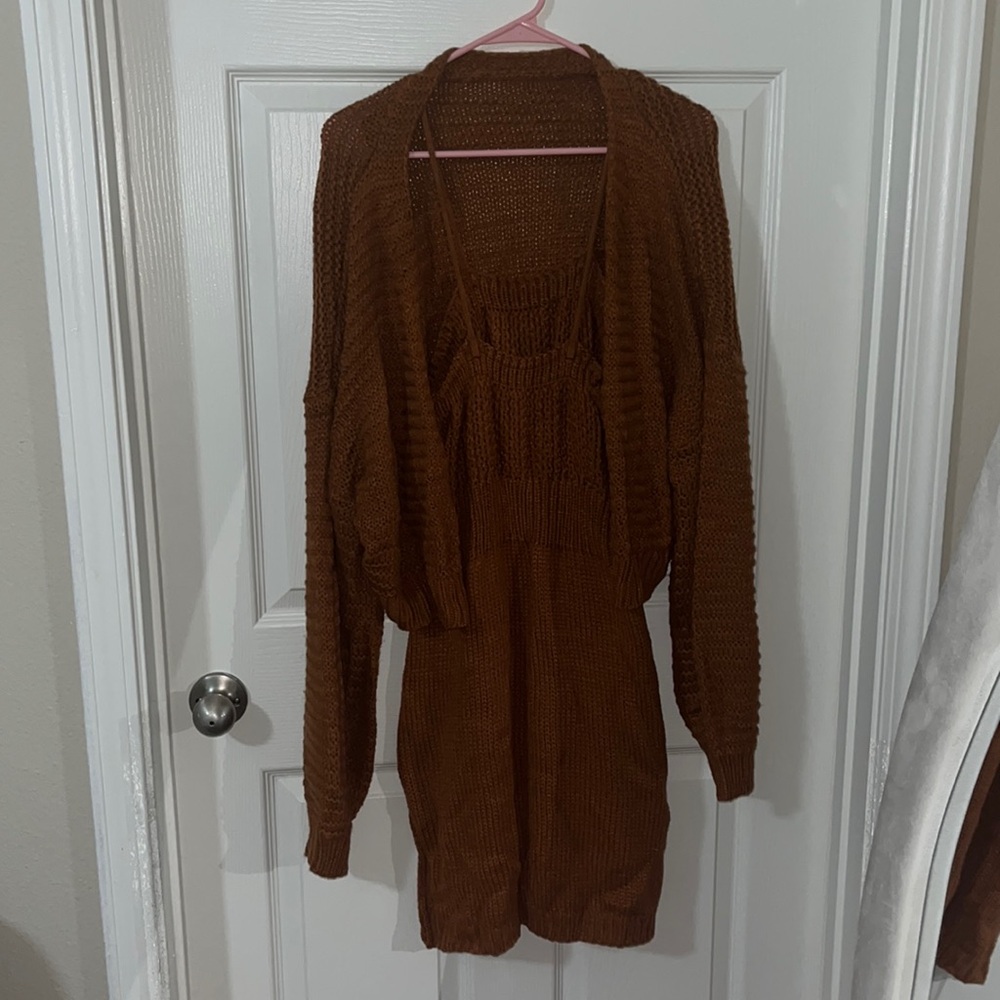 Brown Sweater Dress with Cardigan